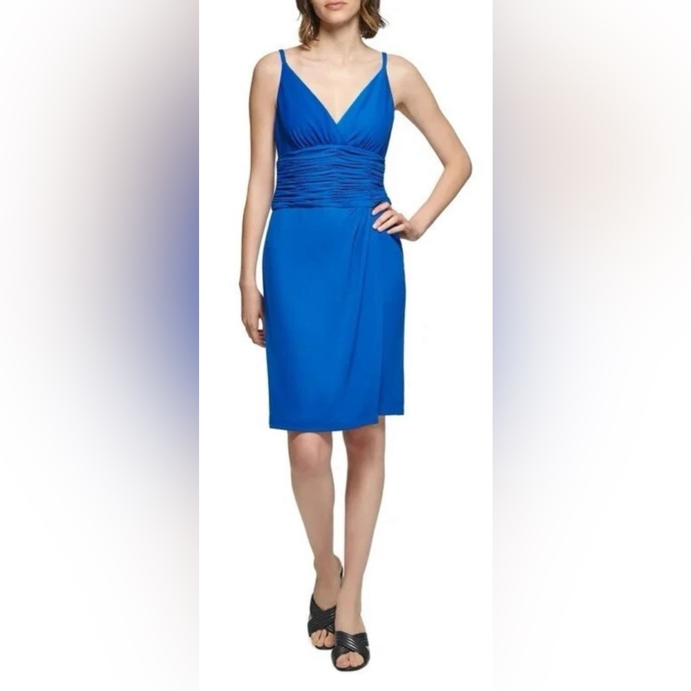 Calvin Klein Surplice Ruched Waist Solid Sheath Dress Regatta Blue 10 & 16 NWT